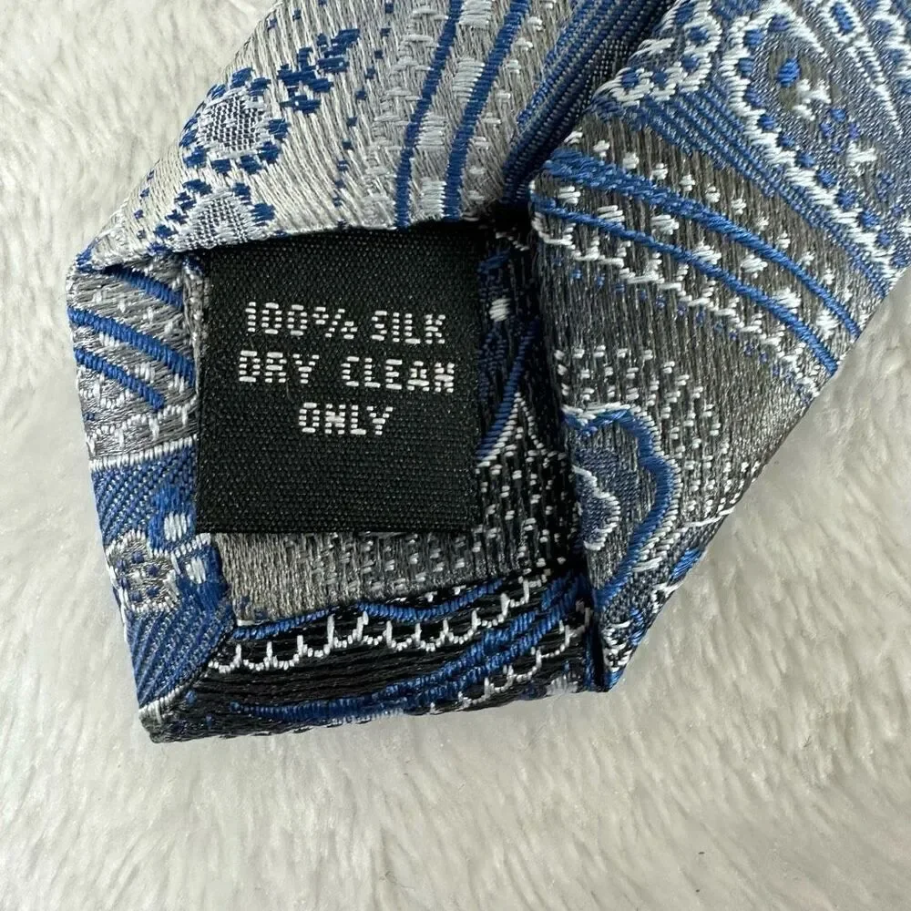 Pronto Uomo Men's 100% Silk Paisley Print Necktie Blue Gray Silver Dressy Wester